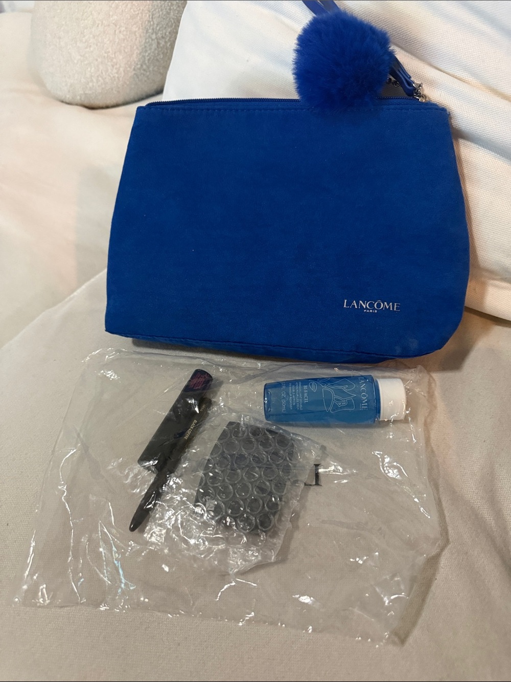 Lancôme Royal Blue Suede Cosmetic Pouch with Pom Pom